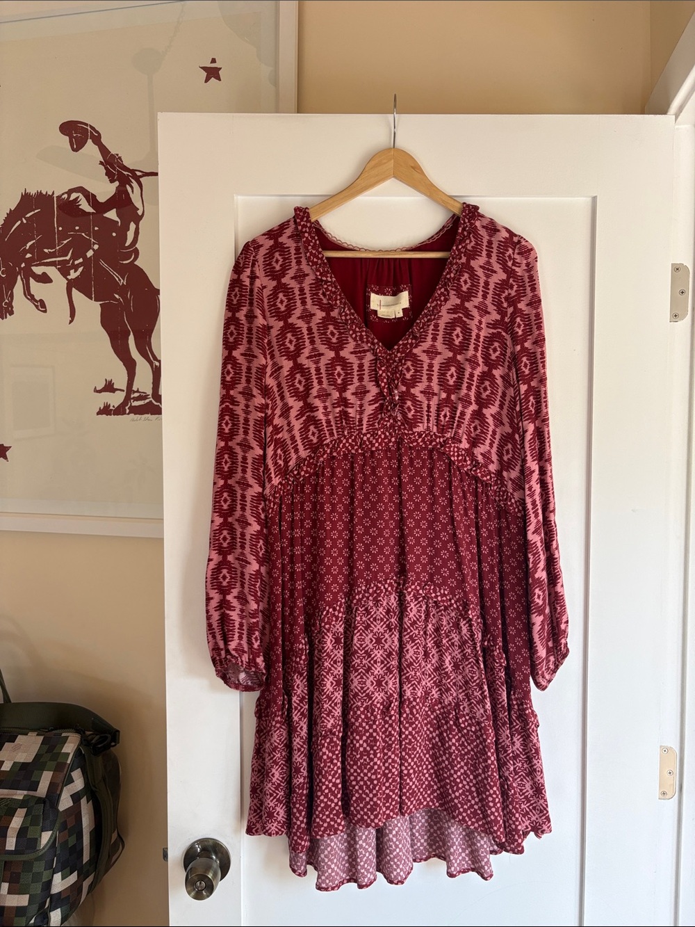 Anthropologie Red Patterned Long-Sleeve Boho Dress